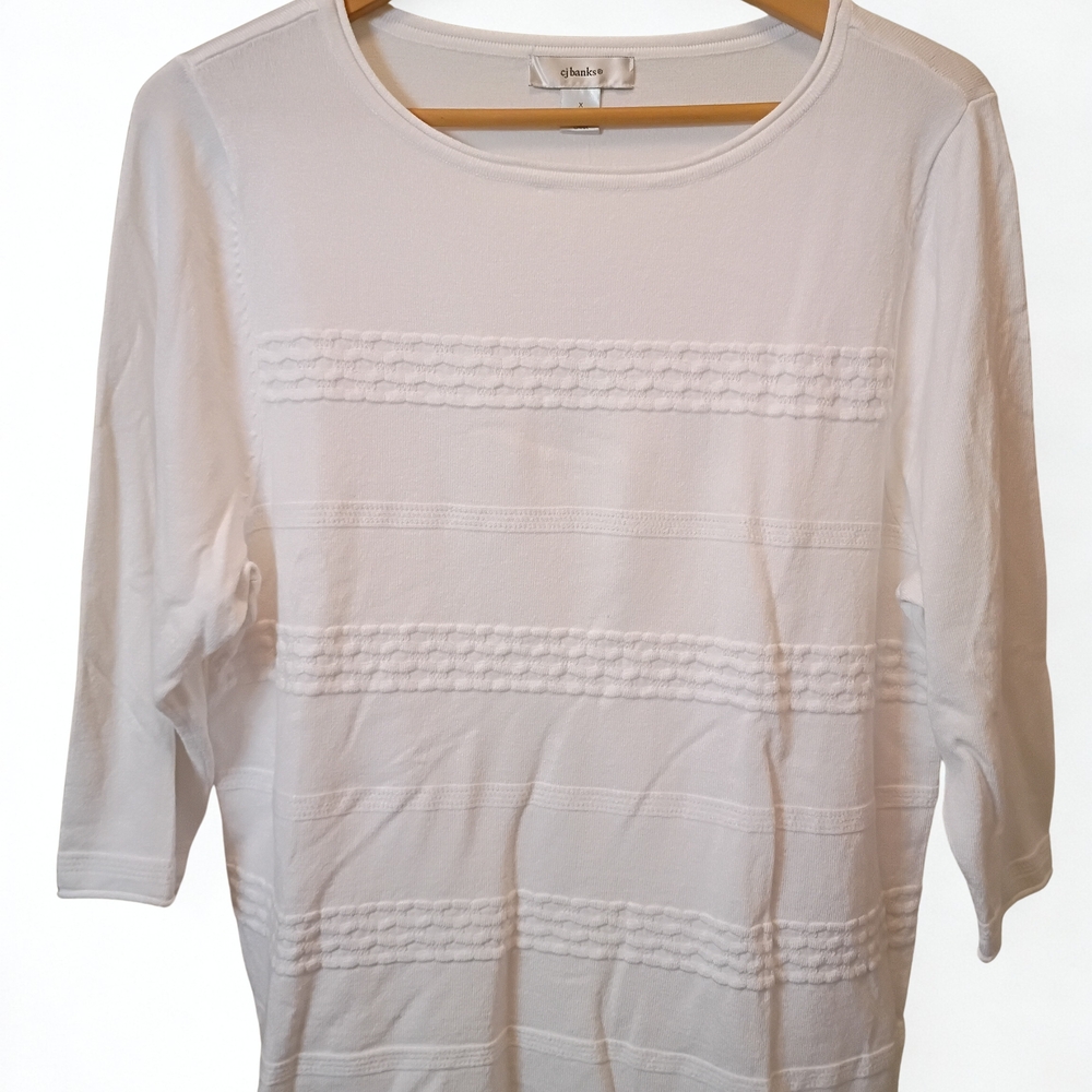 CJ Banks White Ribbed Blouse 14W Plus Size 3/4 Sleeve Coastal Spring Top Career